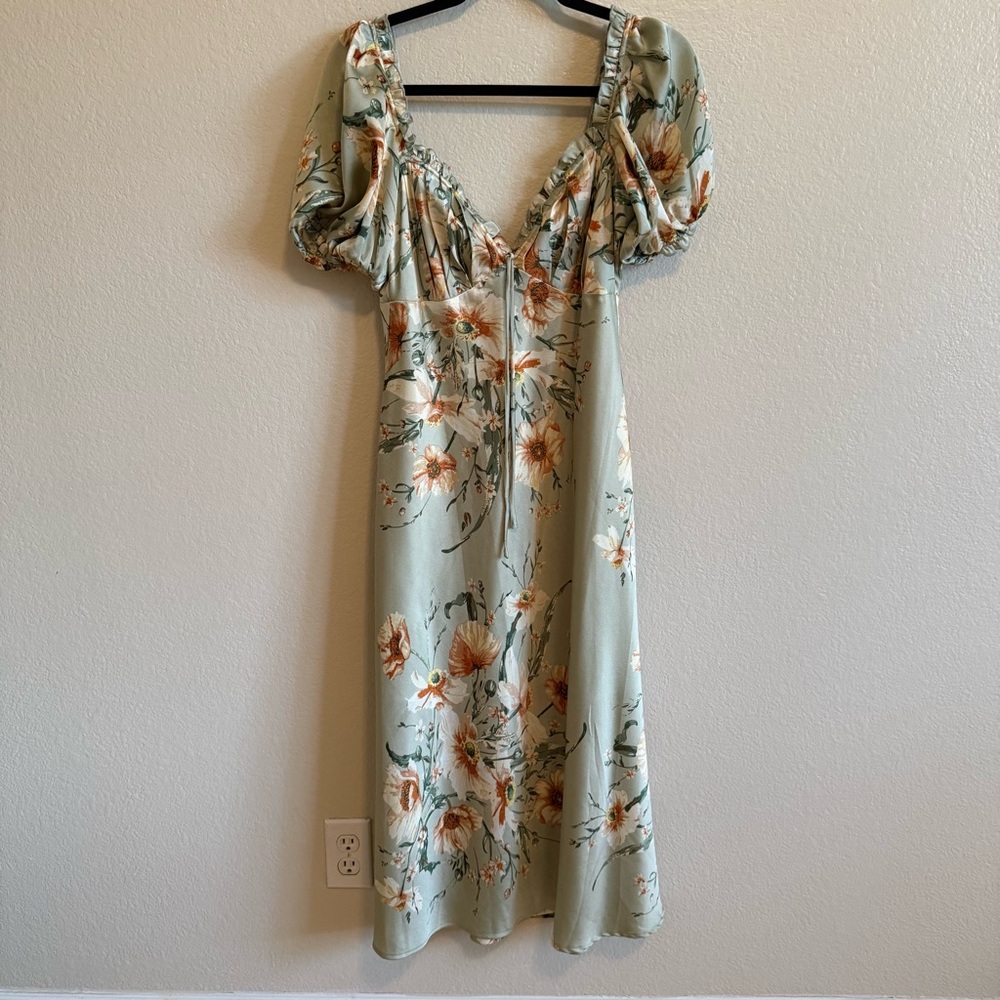 Sage Floral Midi Satin Dress Size M by Floret Studios